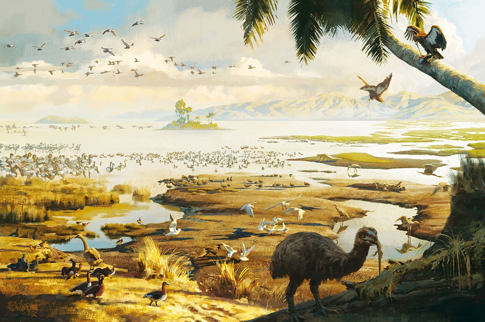 An artist's impression of the landscape around Lake Manuherikia in the early Miocene. Illustration by Tom Simpson, All Rights Reserved