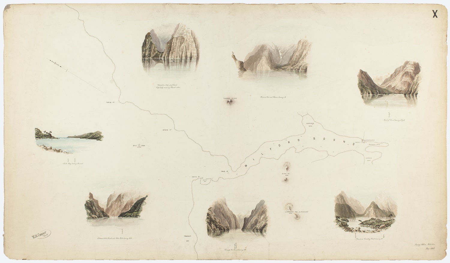 Cooper’s artworks on the outline of the Milford Sound District. Map 10, Canterbury Museum 1971.139.8