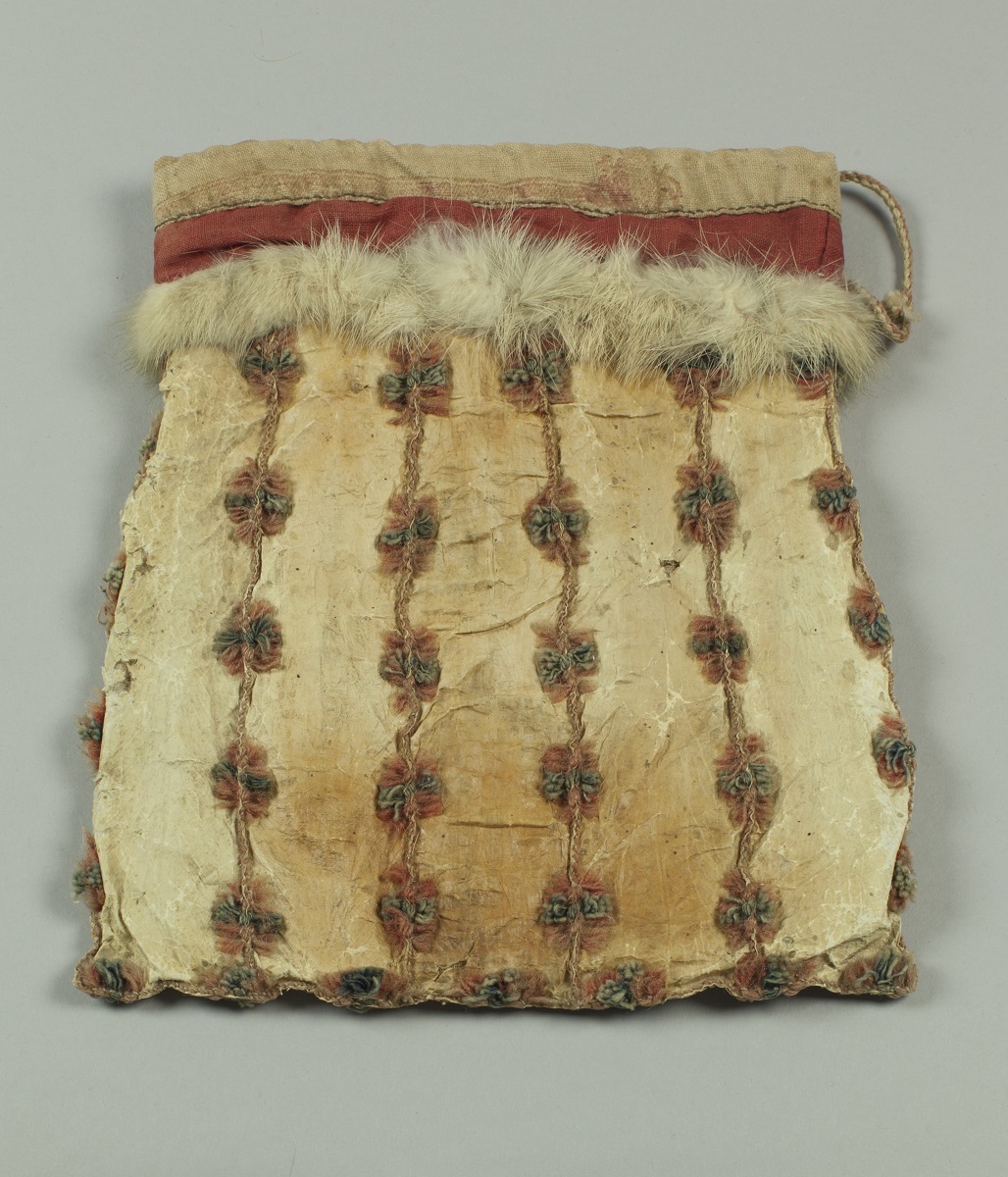 This skin and fur purse lined with fabric from a Eureka Mills dry goods bag is another item donated to the Museum by Archdeacon Lingard. Canterbury Museum 1894.131.6