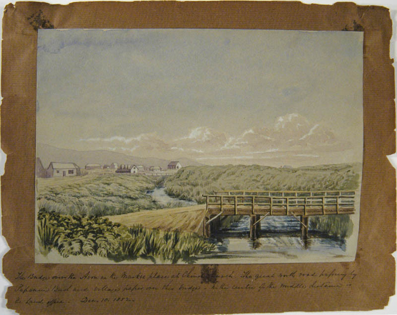 The Bridge over the Avon in the Market Place at Christchurch shows the centre of Christchurch in 1852. Canterbury Museum 1938.238.36. No known copyright restrictions.