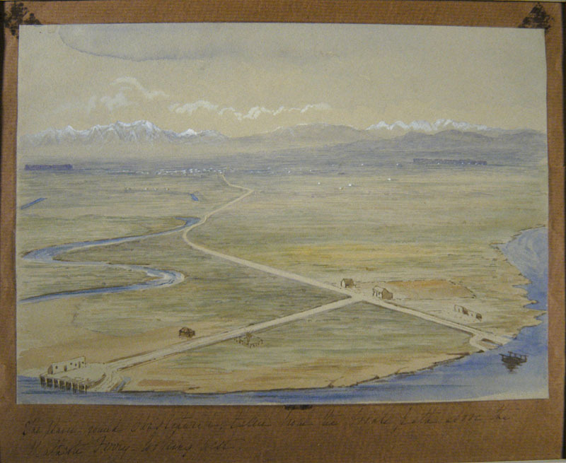 The Plain Around Christchurch by James Edward FitzGerald shows the Heathcote River and ferry from the Port Hills in 1852. Canterbury Museum 1938.238.37. No known copyright restrictions.