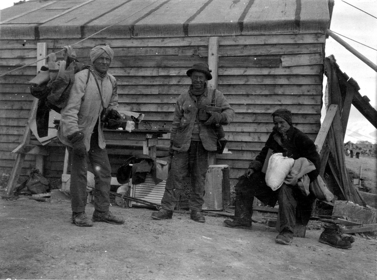 Northern Party members Victor Campbell, George Murray Levick and Raymond Priestley prepare to leave Cape Adare, 1912. Canterbury Museum 1968.275.3