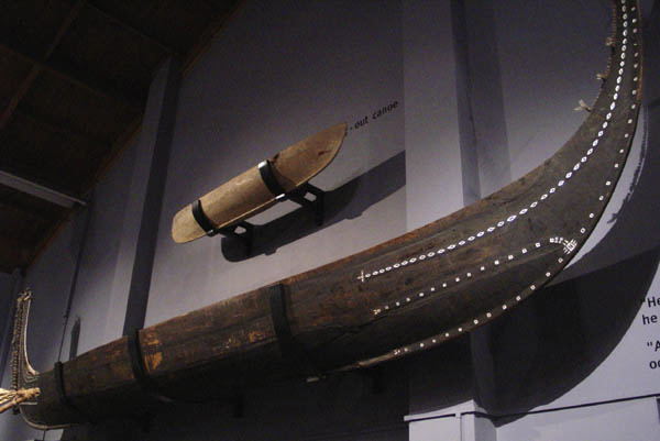 Tomoko (Solomon Islands canoe) when it was displayed in the old Transport Gallery. Canterbury Museum E173.627
