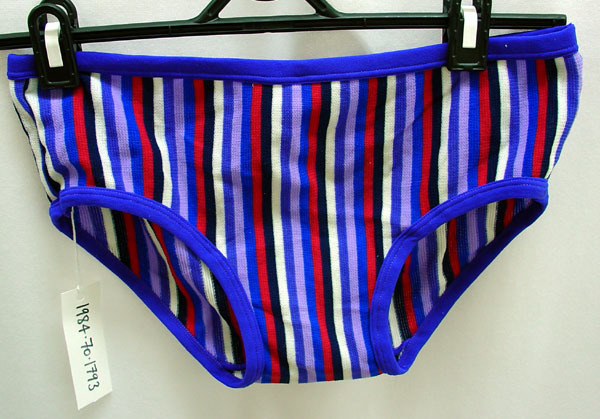 Mollie’s collection includes underwear as well as outerwear. These colourful 1960s or 1970s Bendon briefs were intended for the younger male consumer. Canterbury Museum 1984.70.1793