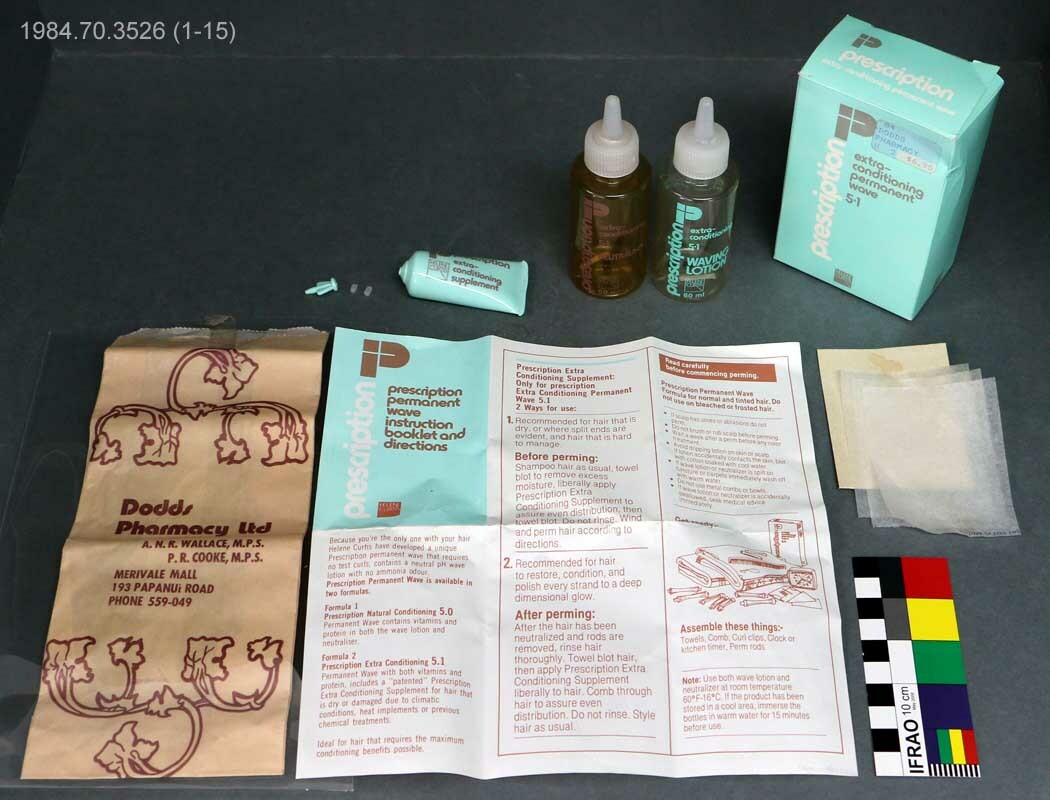 Perhaps nothing represents the 1980s more than permed hair. This after perm conditioning kit was produced by Helene Curtis and sold by Dodds Pharmacy in Merivale, Christchurch, in 1985. Canterbury Museum 1984.70.3526