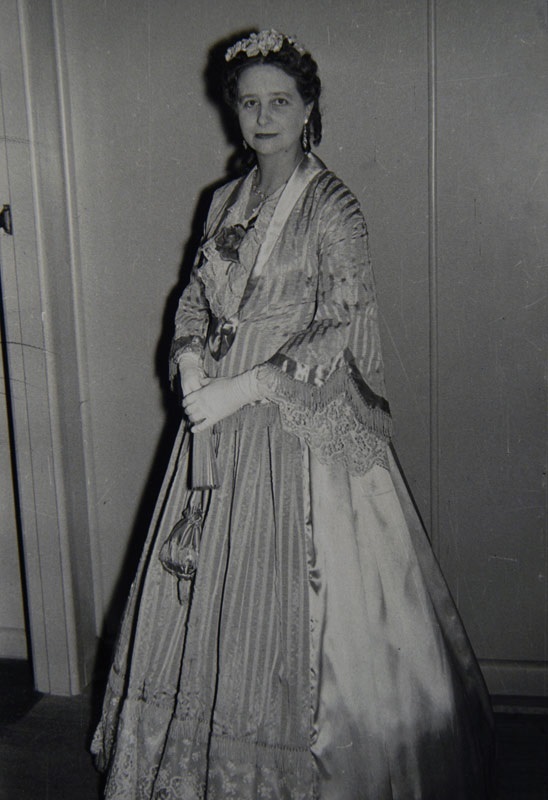 Rose Reynolds wearing a Victorian era costume in the 1950s. Rose Reynolds Collection, Canterbury Museum 1990.358.799