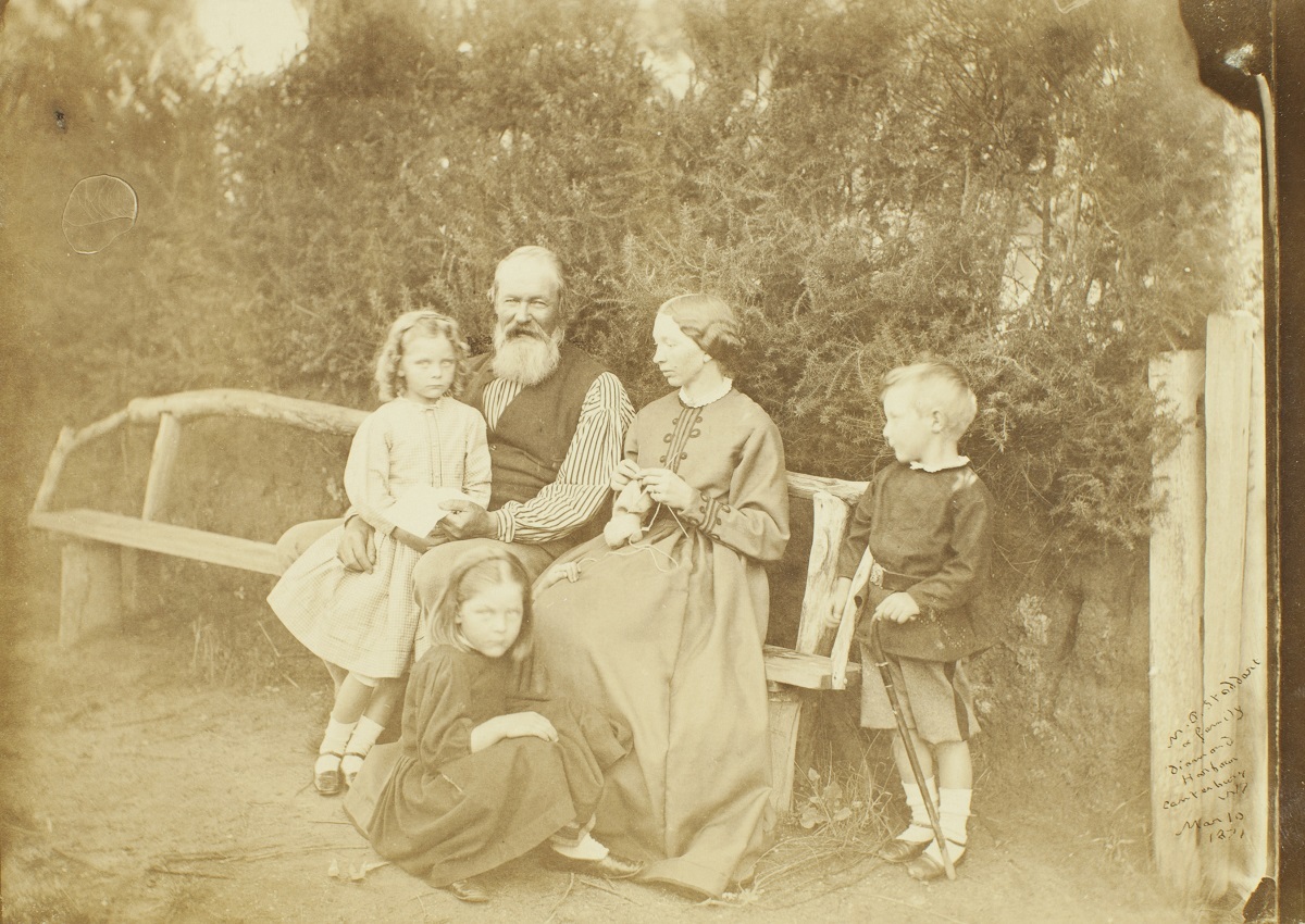 Mark Pringle Stoddart, his wife Anna Barbara and children in the garden of Stoddart Cottage 10 March 1871. Image: 1991.113.3 M P Stoddart Collection. Dr A C Barker photograph