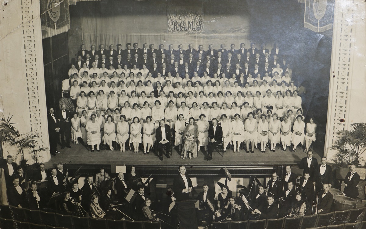 The Royal Christchurch Musical Society played multiple concerts every year. Conductor W H Dixon (front centre) stands among the orchestra during a performance of Edward Elgar’s 'Dream of Gerontius' concert in 1930. Canterbury Museum 1991.288.33. No known copyright restrictions