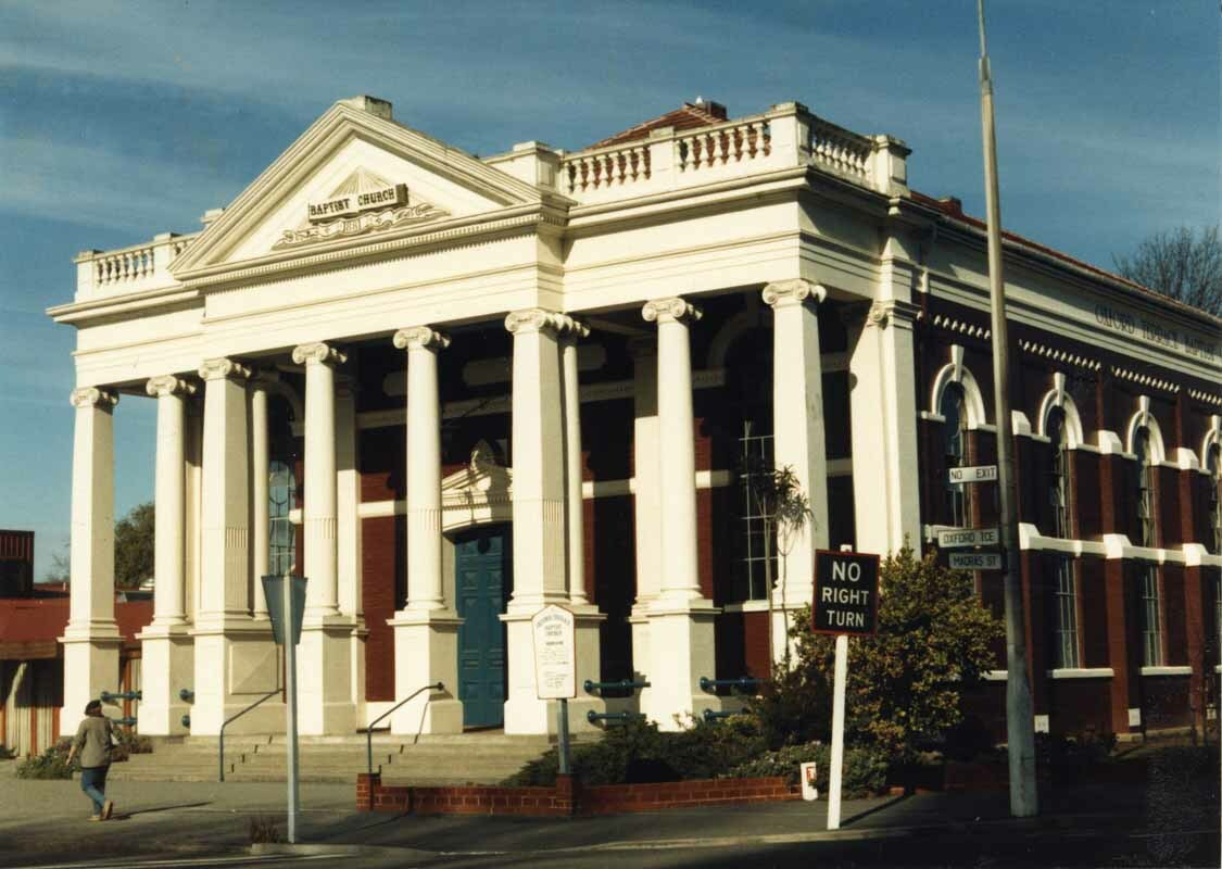 The Oxford Terrace Baptist Church, photographed in 1985 by Joan Woodward. Canterbury Museum 1997.258.436