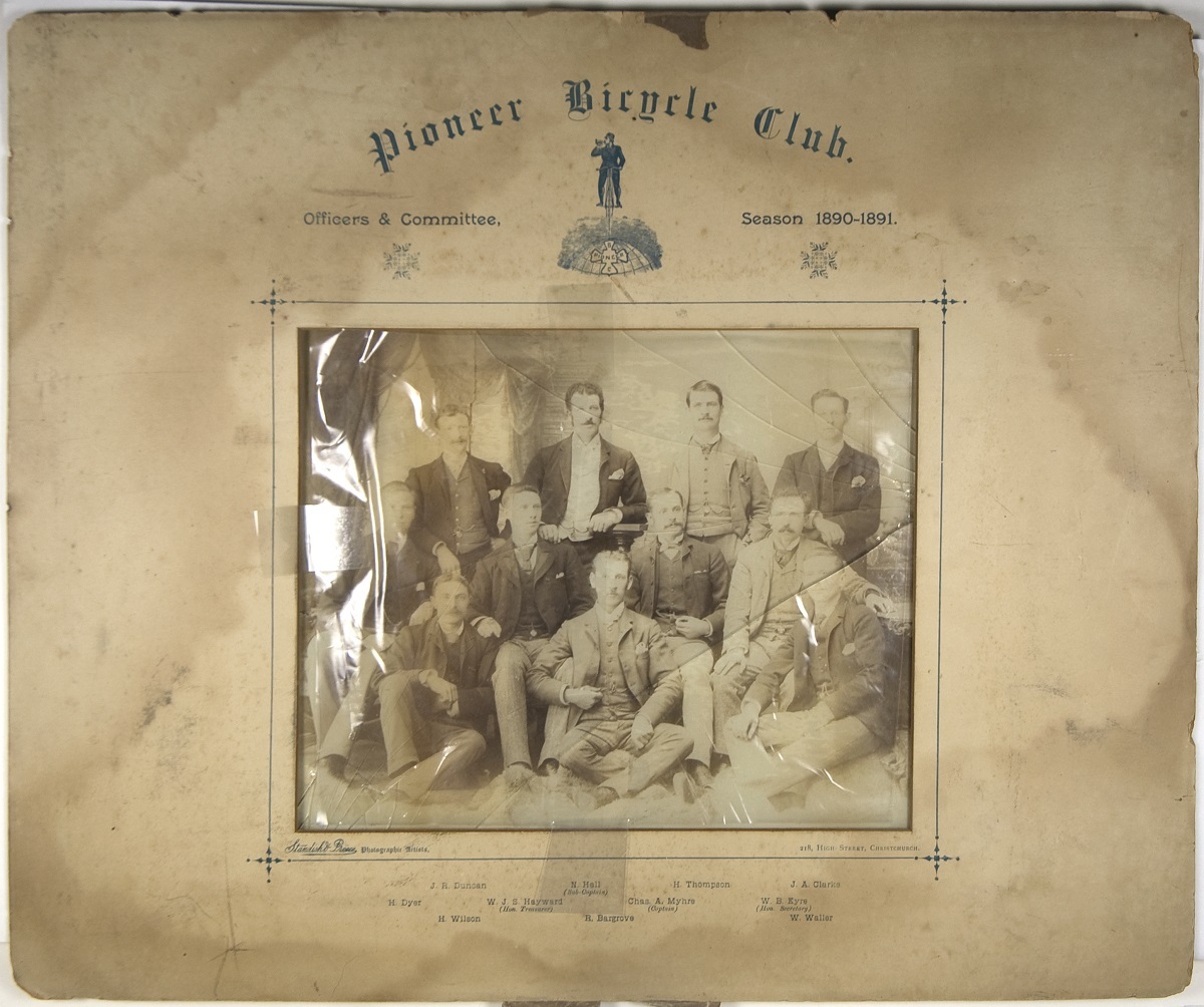 Harry Thompson, third from left in the back row, was a member of Christchurch's Pioneer Bicycle Club. Canterbury Museum 19XX.2.5026