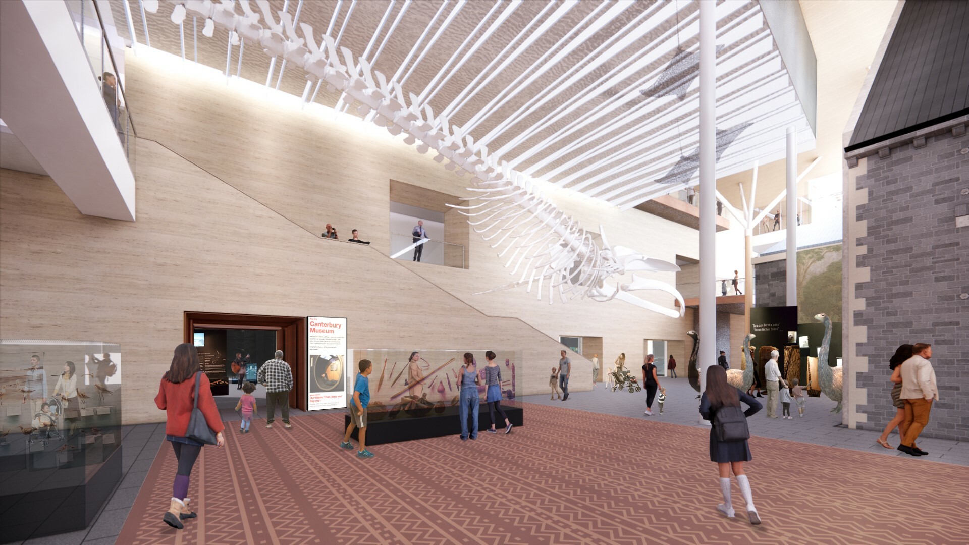 Architectural render showing the Museum's proposed new atrium space with the Ōkārito blue whale skeleton suspended from the ceiling. Image: Athfield Architects