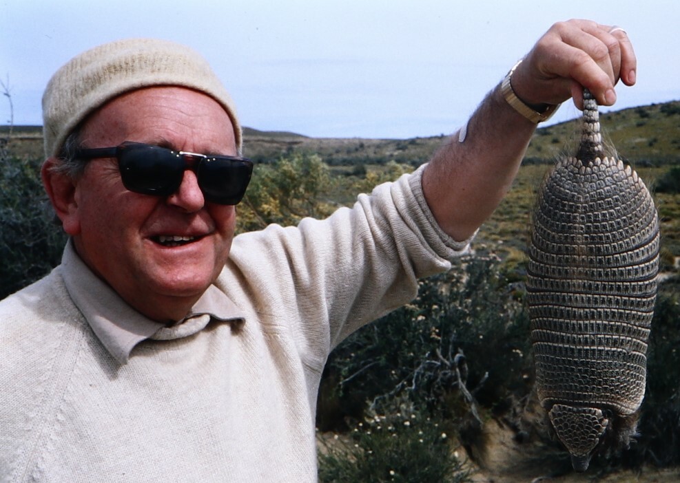 Tony Clayton pictured holding an armadillo. Canterbury Museum 2001.1.2349