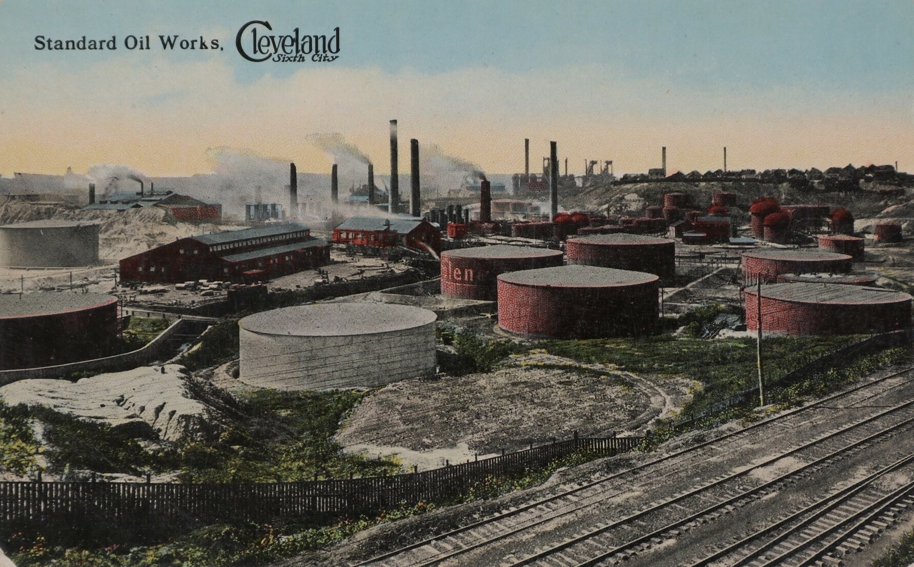 Stark industrial site postcard of oil works. Canterbury Museum 2004.39.2182