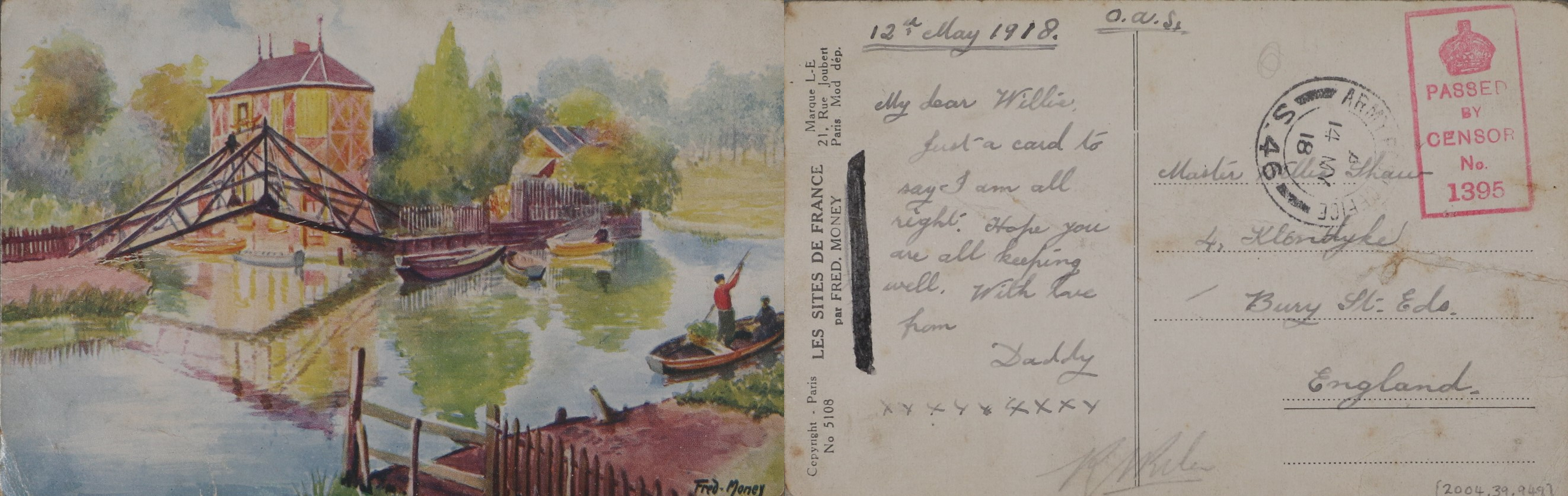 This postcard of a French landscape was sent by a father to his son and includes a censor's stamp on the back. Canterbury Museum 2004.39.949