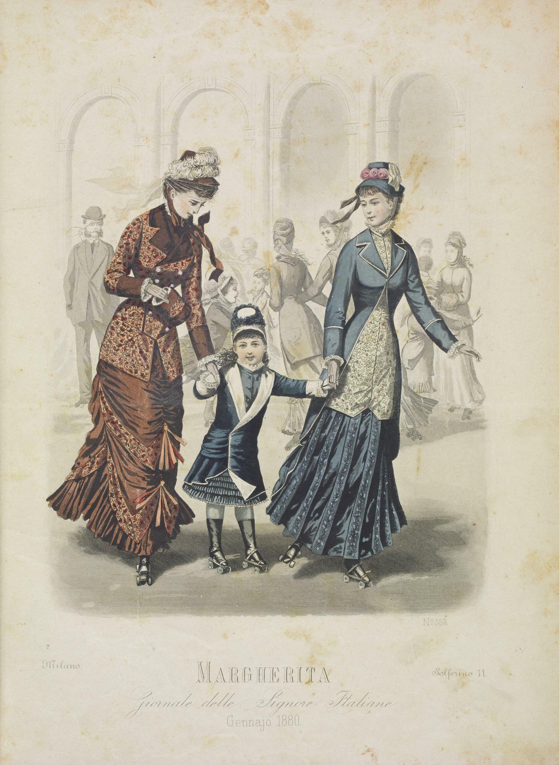 Fashion plate from an Italian women's magazine Margherita showing roller skating in an indoor rink, January 1880