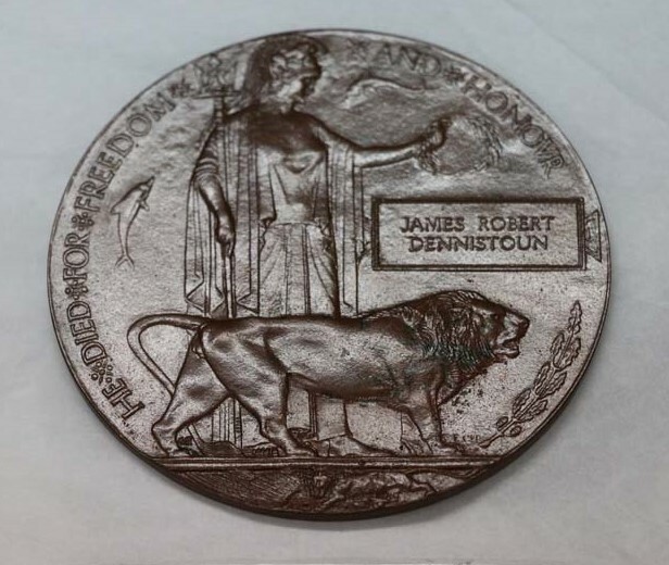 World War One Memorial Plaque, also known as a “Dead Man’s Penny”, for James Dennistoun. Canterbury Museum 2016.1.1711