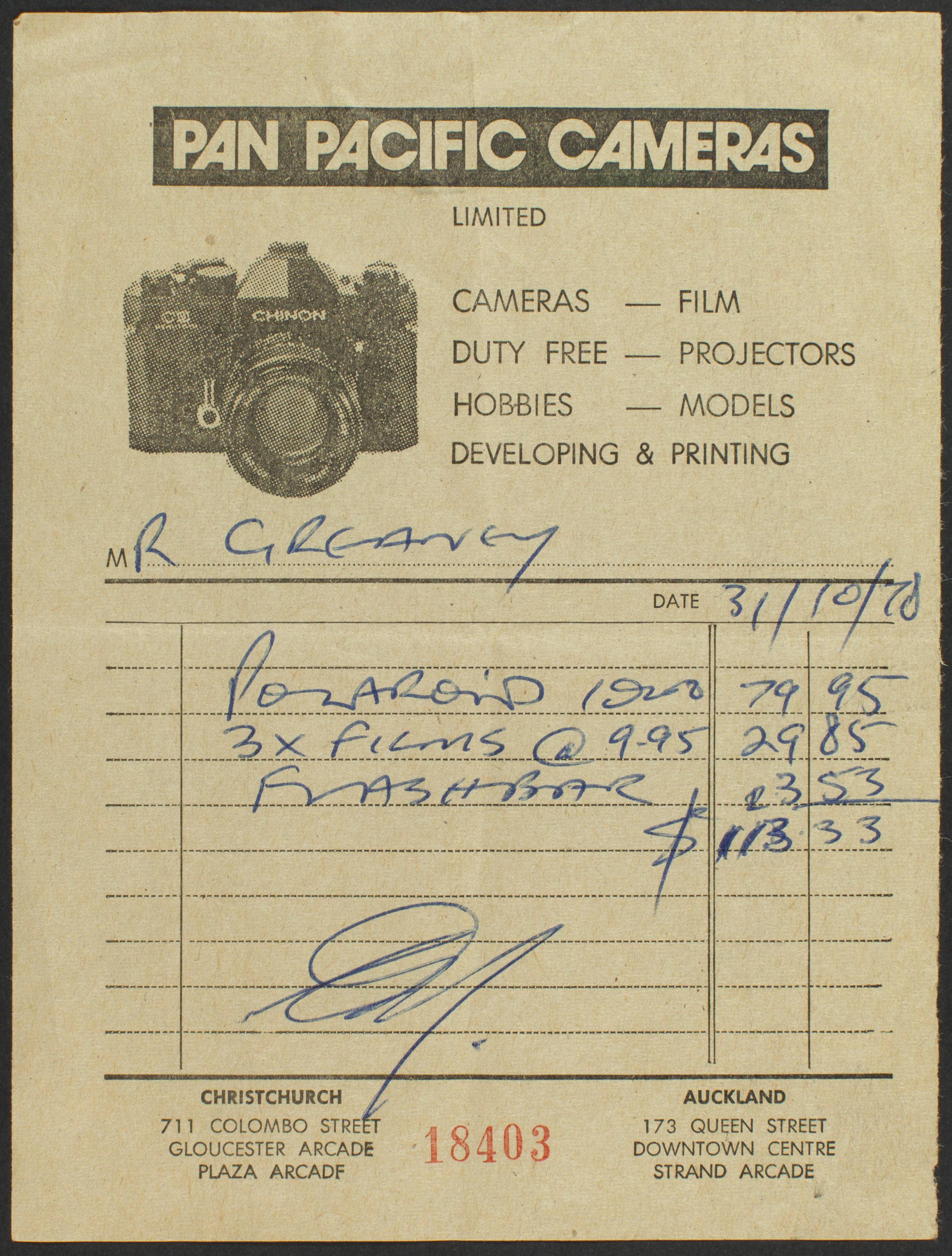 The sales receipt for the Polaroid 1000 Land Camera. Canterbury Museum 2017.143.59