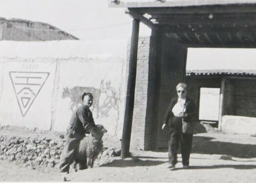 Rewi Alley (left) at the Shandan Bailie School with a Corriedale sheep from Canterbury. Canterbury Museum 2018.142.2