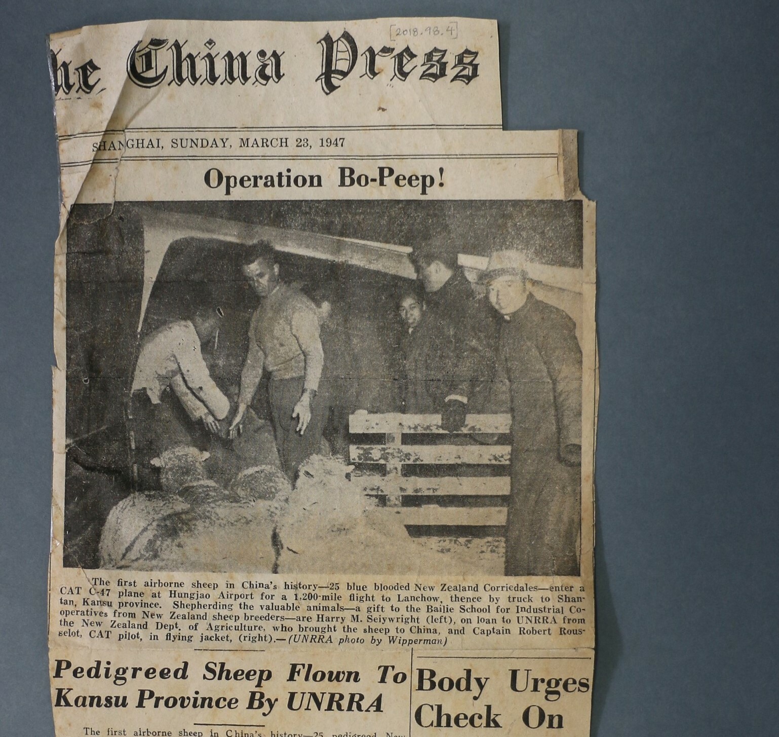 The China Press article of March 1947, which dubbed the project Operation Bo-peep. Canterbury Museum 2018.98.4