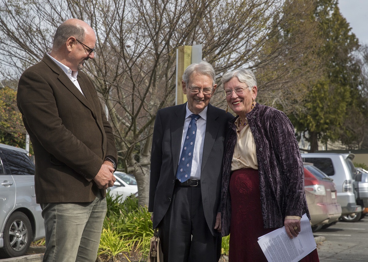 Former Ravenscar Trust co-chairs, Jim and Dr Susan Wakefield with architect Andrew Patterson on the site of the new Ravenscar House in 2015. Image credit: Stuff/The Press, All Rights Reserved