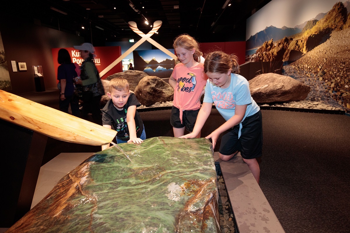 On Now: Kura Pounamu: Our Treasured Stone features greenstone treasures from the collections of Te Papa and Canterbury Museums, including several large boulders from Big Bay, South Westland (Canterbury Museum collection).