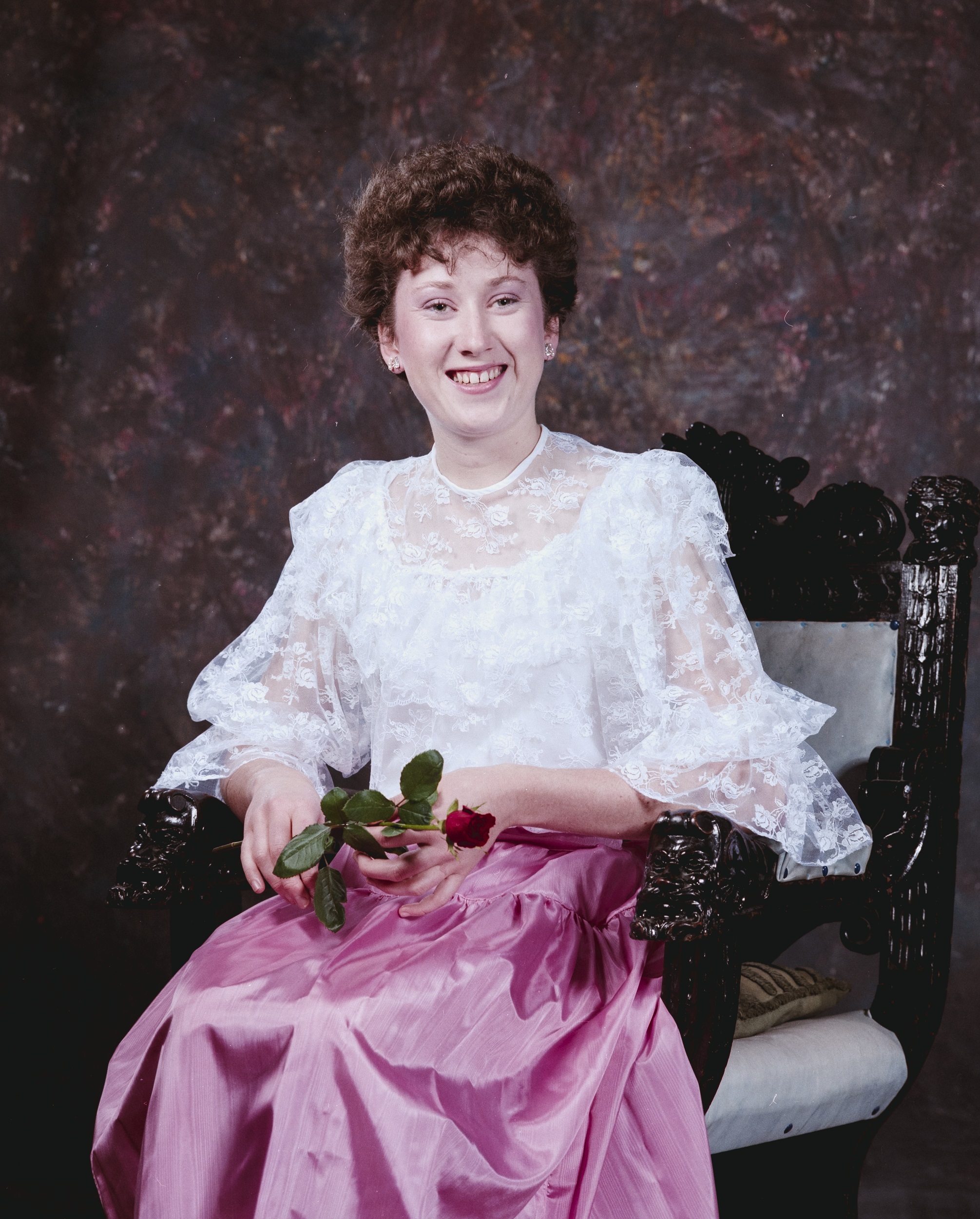 Portrait of Catherine Komarova (née Scott) at the Villa Maria ball in 1984. Canterbury Museum 2019.10.4828