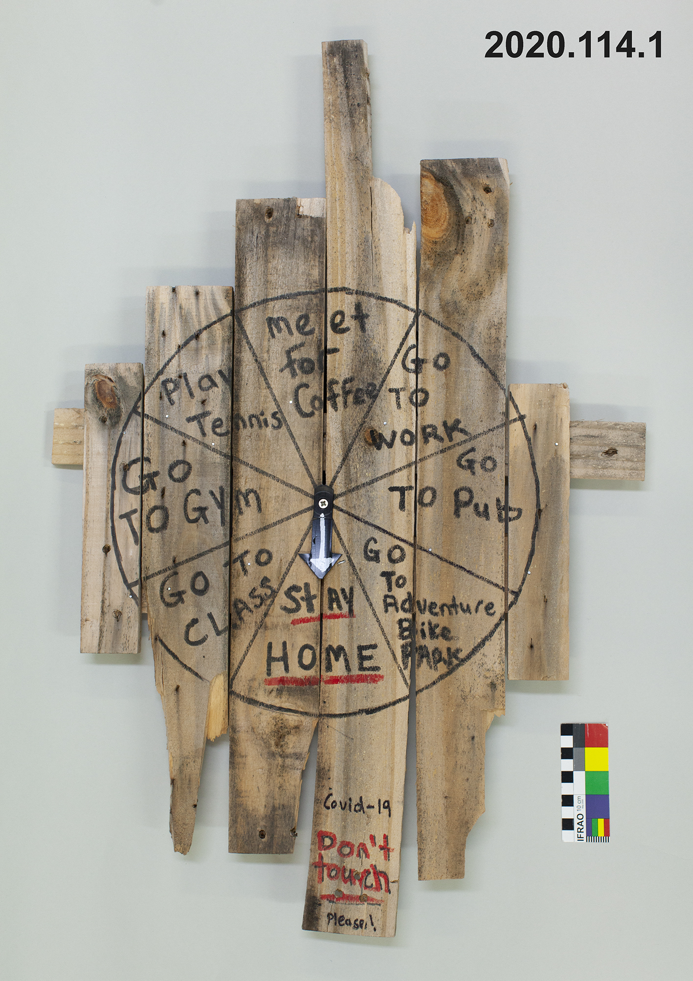 Joanne Bos’ Covid Clock. Click here to watch a video of the clock in action. Canterbury Museum 2020.114.1