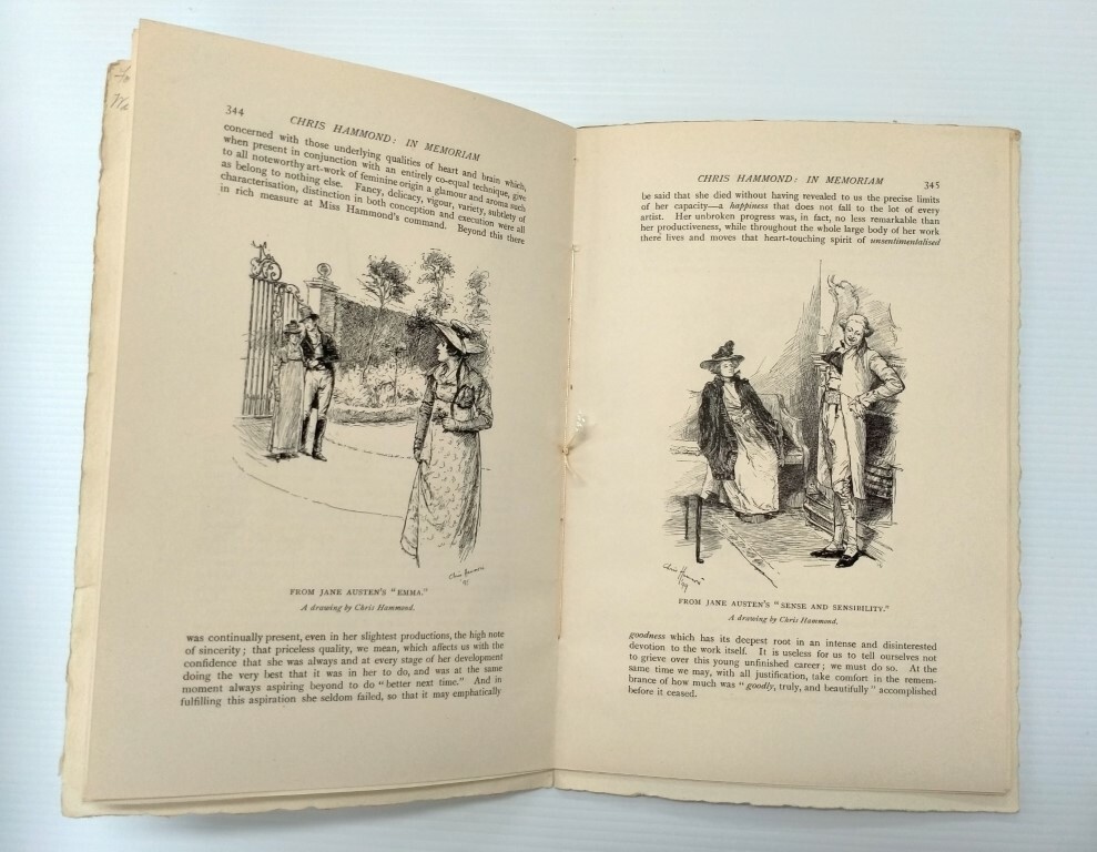 Examples of Christiana Hammond's Jane Austen book illustrations. From the booklet Chris Hammond in Memoriam, May 11th 1900. Canterbury Museum EC160.158F