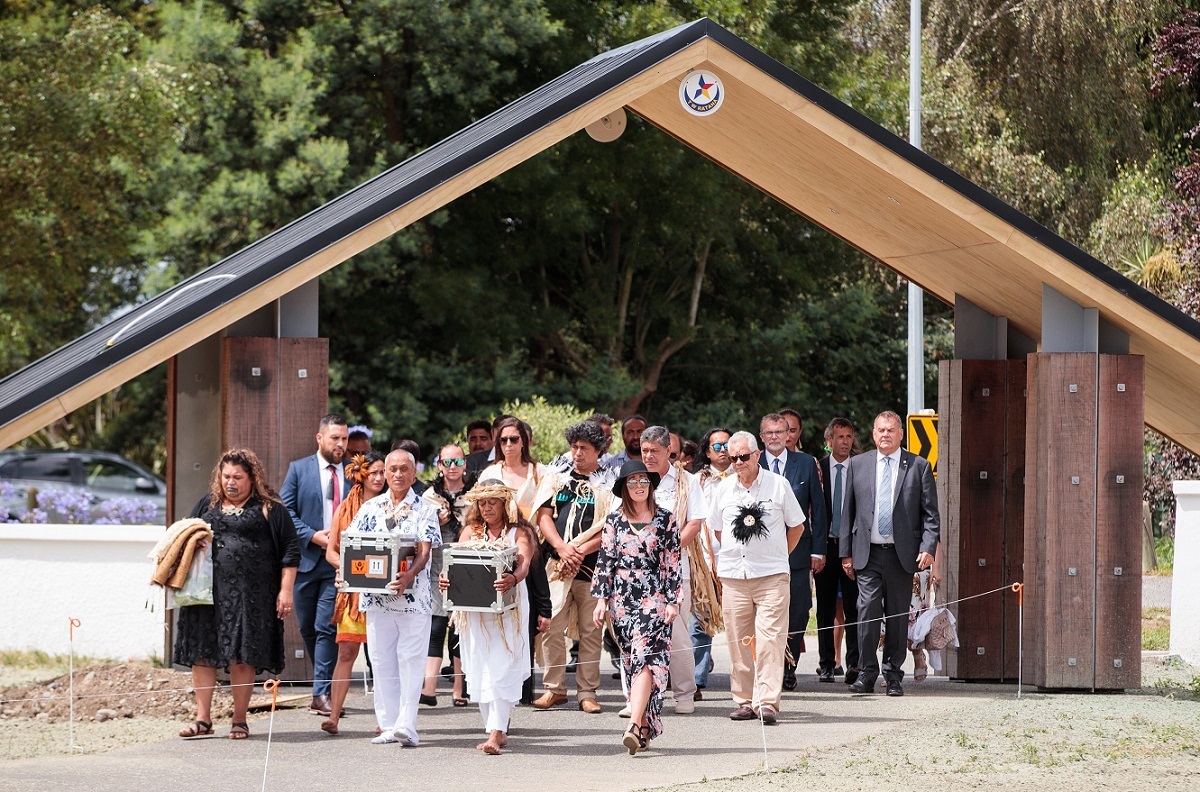 The Rapa Nui delegation and other visitors are called onto Tuahiwi Marae
