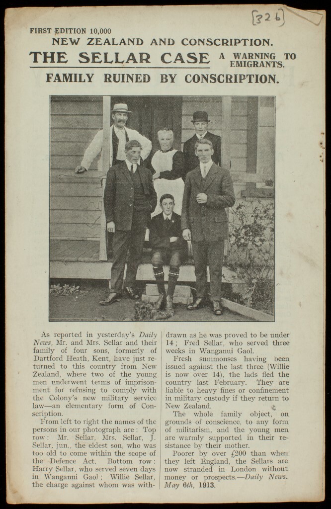 This pamphlet told the story of the Sellar family's problems with New Zealand's military service laws. Folder 173 Item 326 Mackie Papers, Canterbury Museum