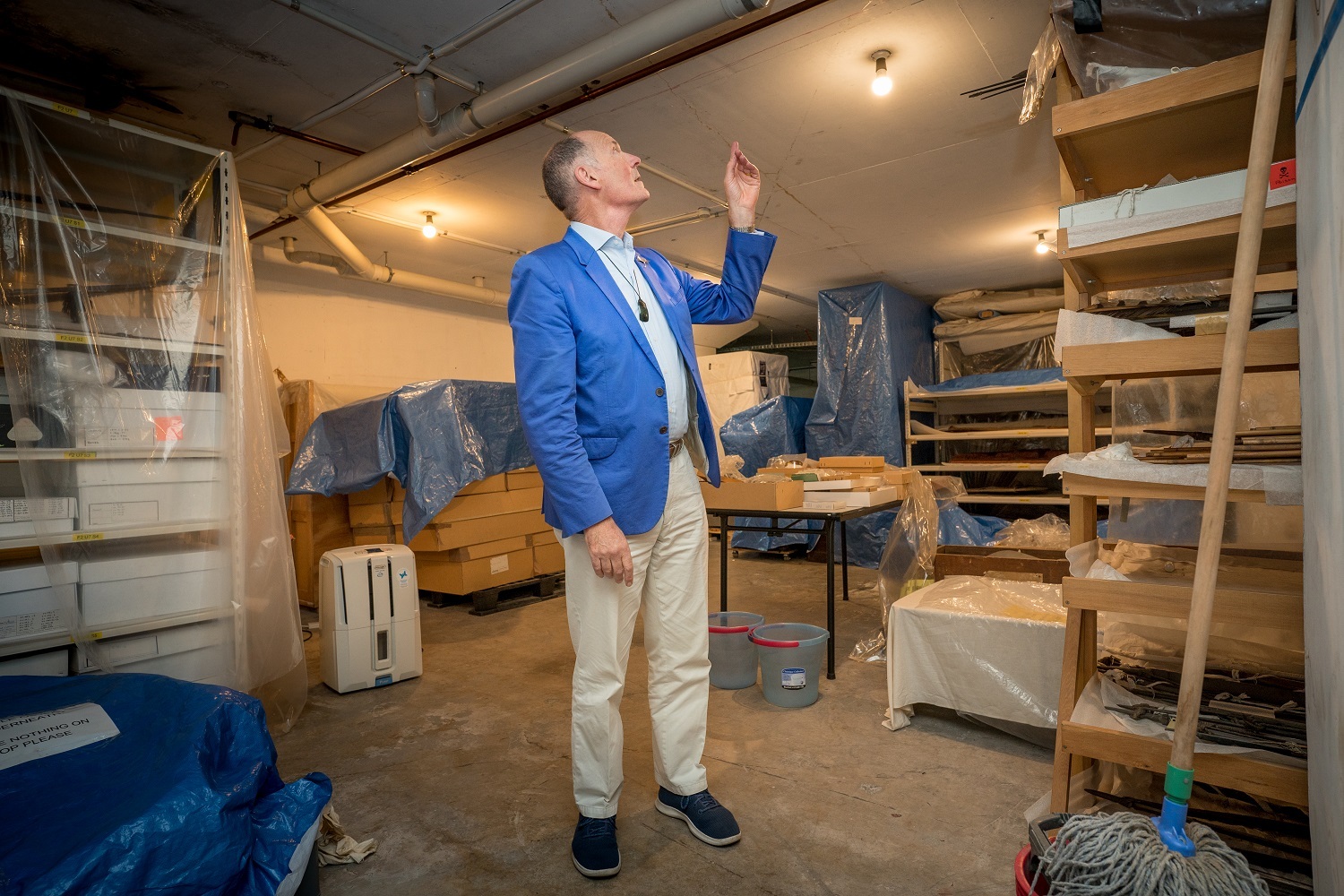 Storage areas are scattered throughout the building including the basement which leaks when it rains. Sewerage and water pipes run through collection stores.