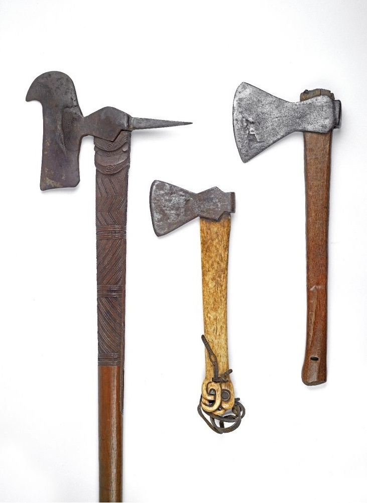 Three pātītī from the British Museum Collection. The hatchet on the right was originally given to Māori by Captain Cook on one of his later voyages. The pātītī on the left has a blade constructed from a whaling tool.