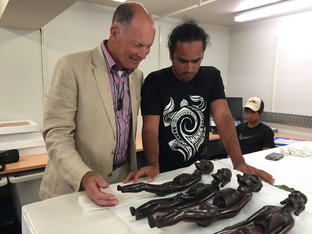 Canterbury Museum Director Anthony Wright (left) and Rapa Nui Museum Collections Manager Mario Tuki with some of the Oldman Collection