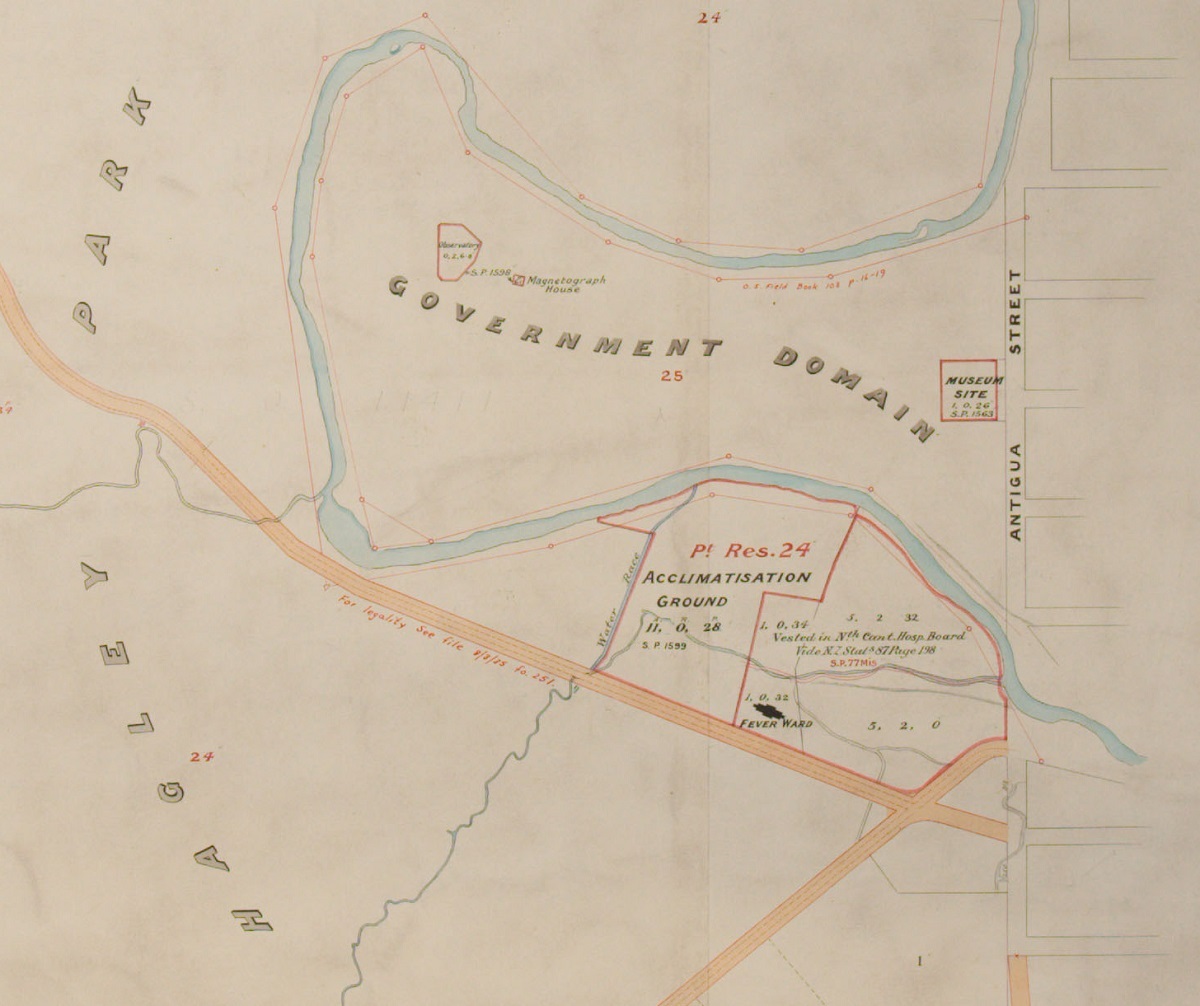 Map showing the site of the Acclimatisation Garden plot in relation to Canterbury Museum. Image: Archives New Zealand