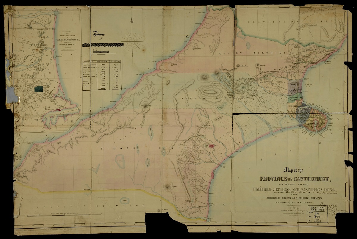 An 1856 map of the Province of Canterbury which shows West Canterbury as almost entirely unknown. Archives New Zealand, R22420403