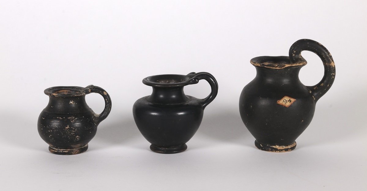 Black glaze olpe (wine jugs). Canterbury Museum C1969.180, C1969.169, C1969.167