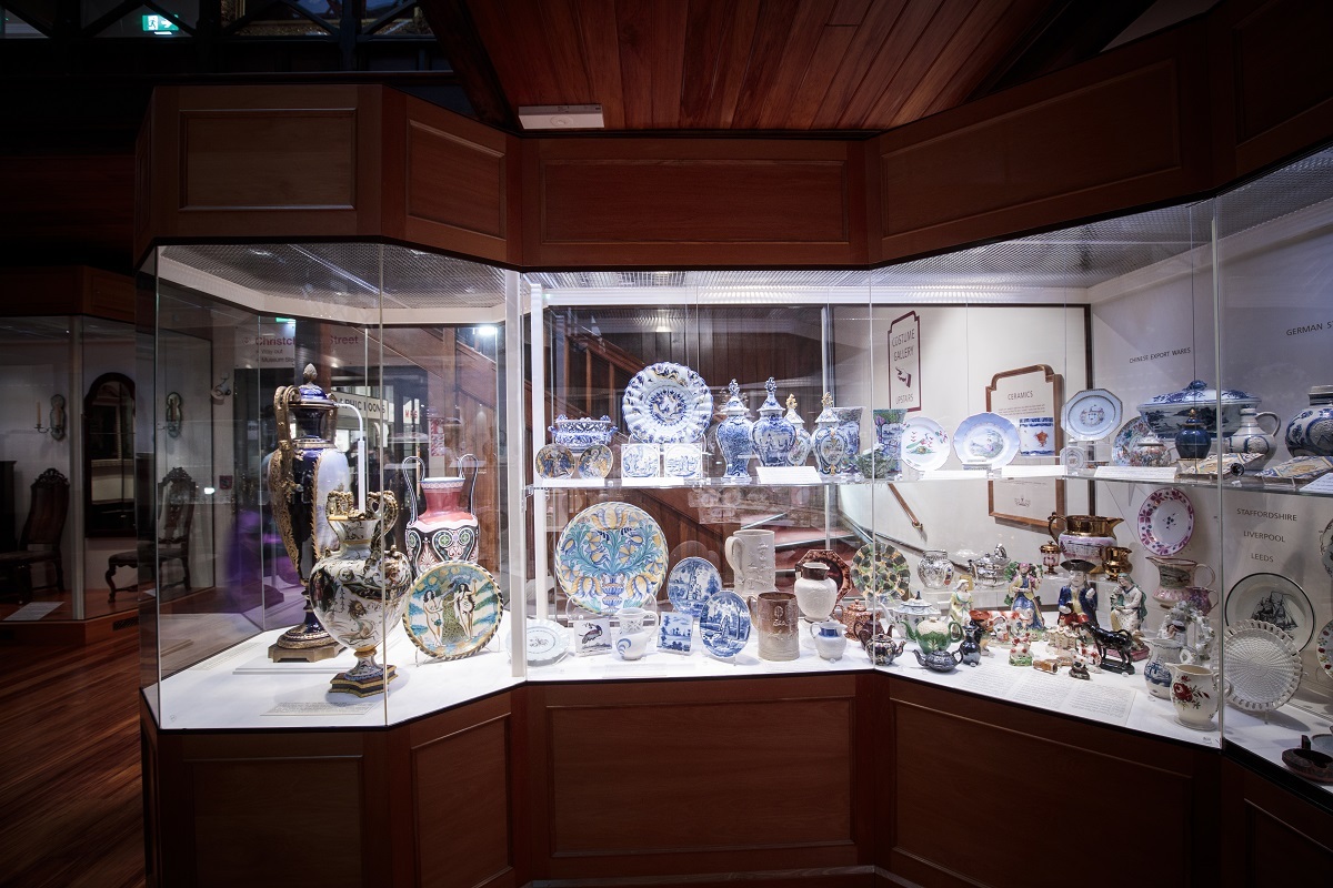 Porcelain objects on display in the Mountfort Gallery