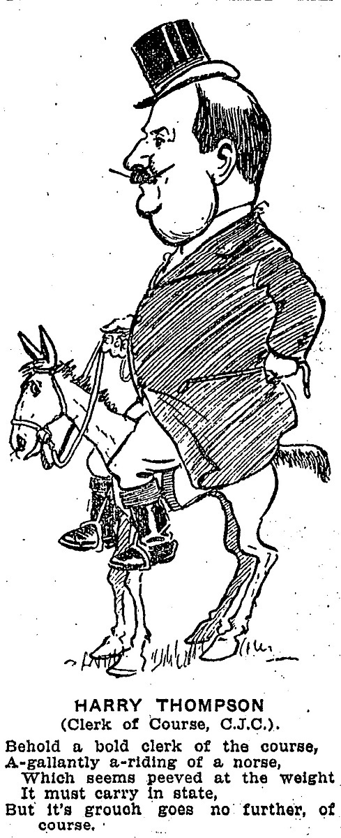 A cartoon of Thompson in his role as Clerk of the Course at the Canterbury Jockey Club. NZ Truth, 24 May 1919