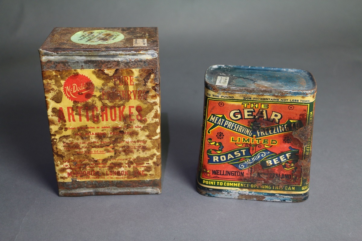 Food tins recovered from the Antipodes Island castaway depot. Canterbury Museum 1969.57.7-8