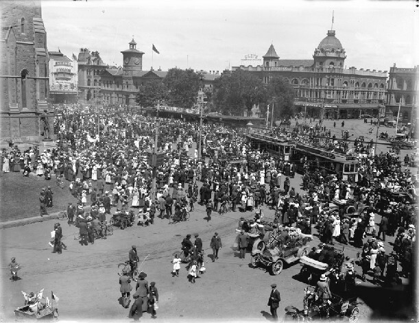 Armistice Day celebrations in Cathedral Square, Christchurch. Canterbury Museum 1950.80.1. No known copyright restrictions