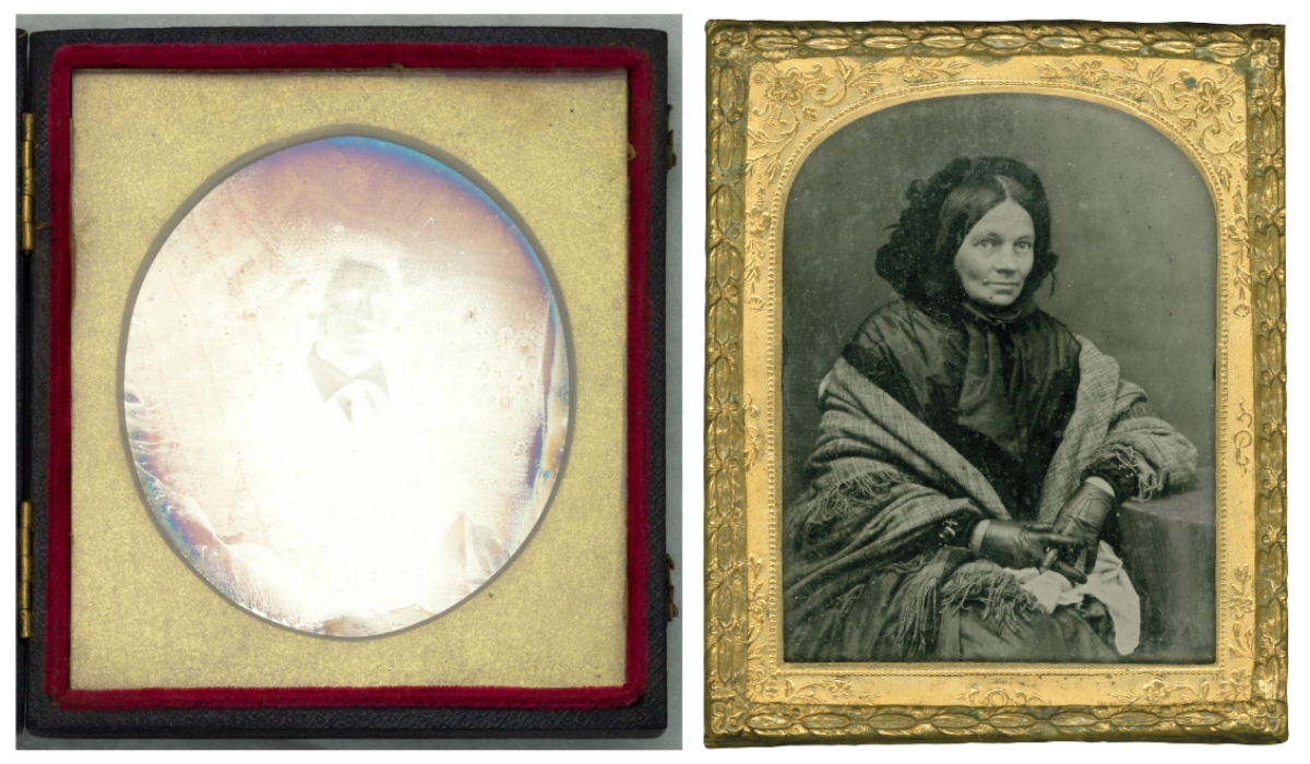 Comparison of a daguerreotype (left) and ambrotype (right). Canterbury Museum 1982.132.57 and 1948.22.1. No known copyright restrictions
