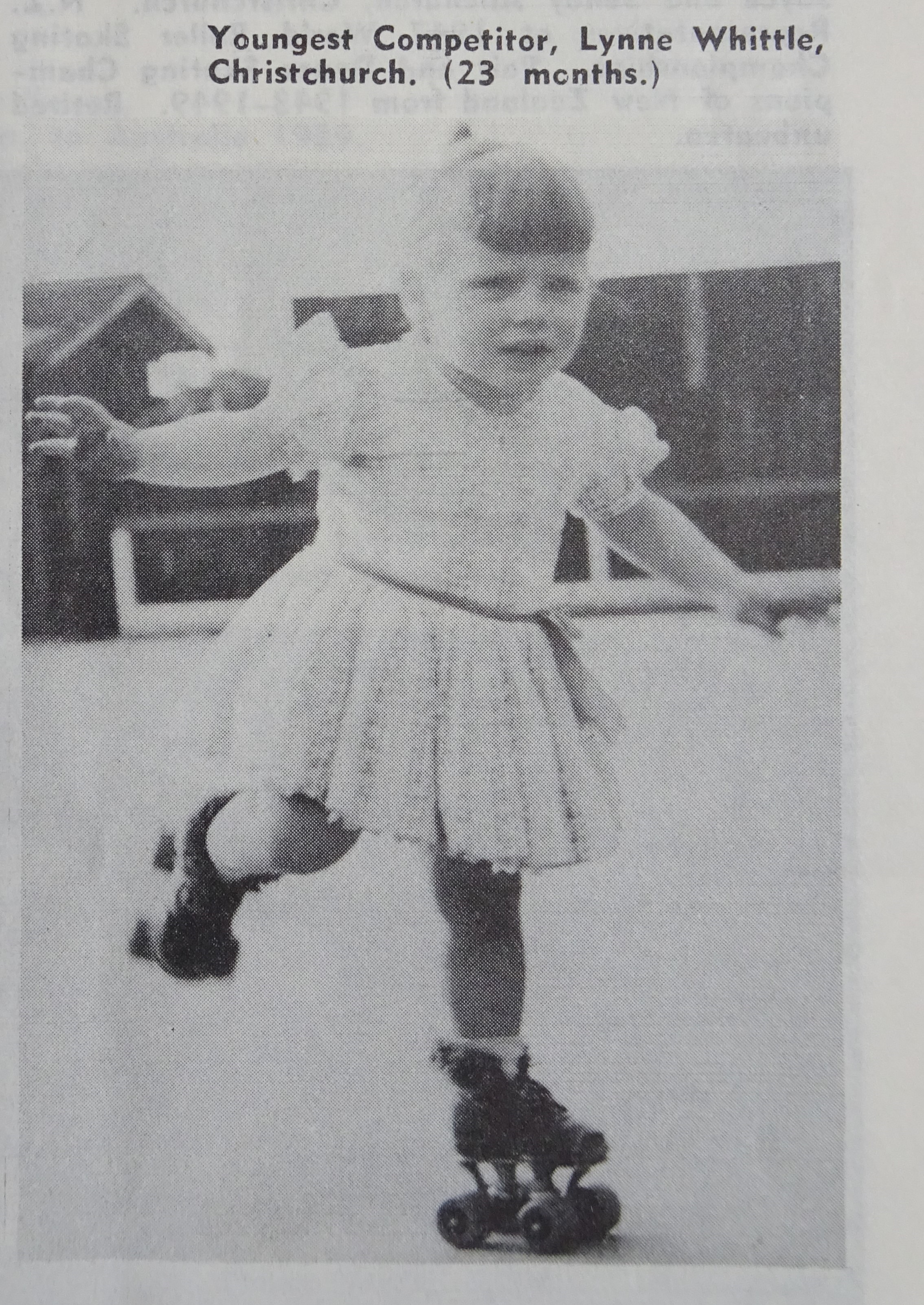 Two-year old Lynn Whittle of Christchurch (incorrectly captioned as Lynne), the youngest competitor at the 1959 Roller Skating Championships in Christchurch. Canterbury Museum E.C.174.537