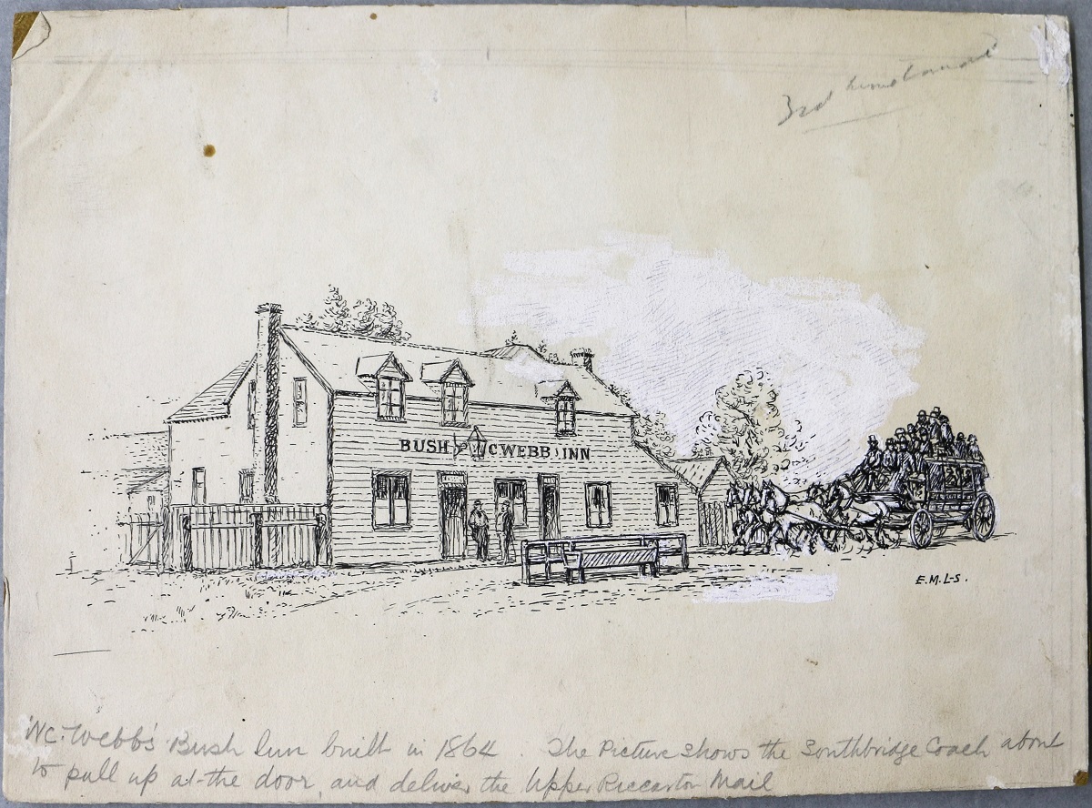 Edgar Lovell-Smith ink drawing W C Webb’s Bush Inn, built 1864. Canterbury Museum EMLS.11
