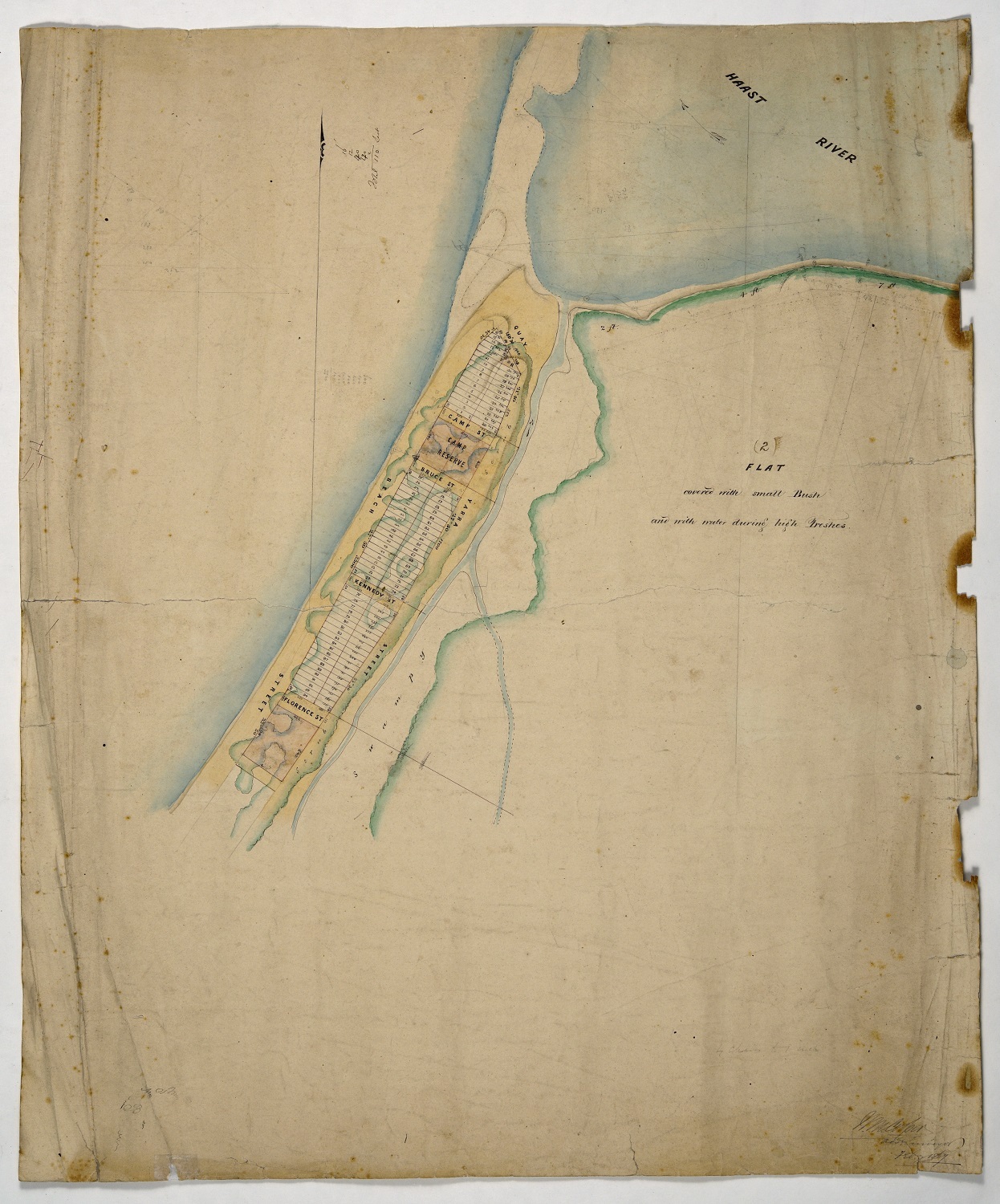 William Cooper’s 1867 survey plan of the township at Haast Beach. Archives New Zealand R18283311