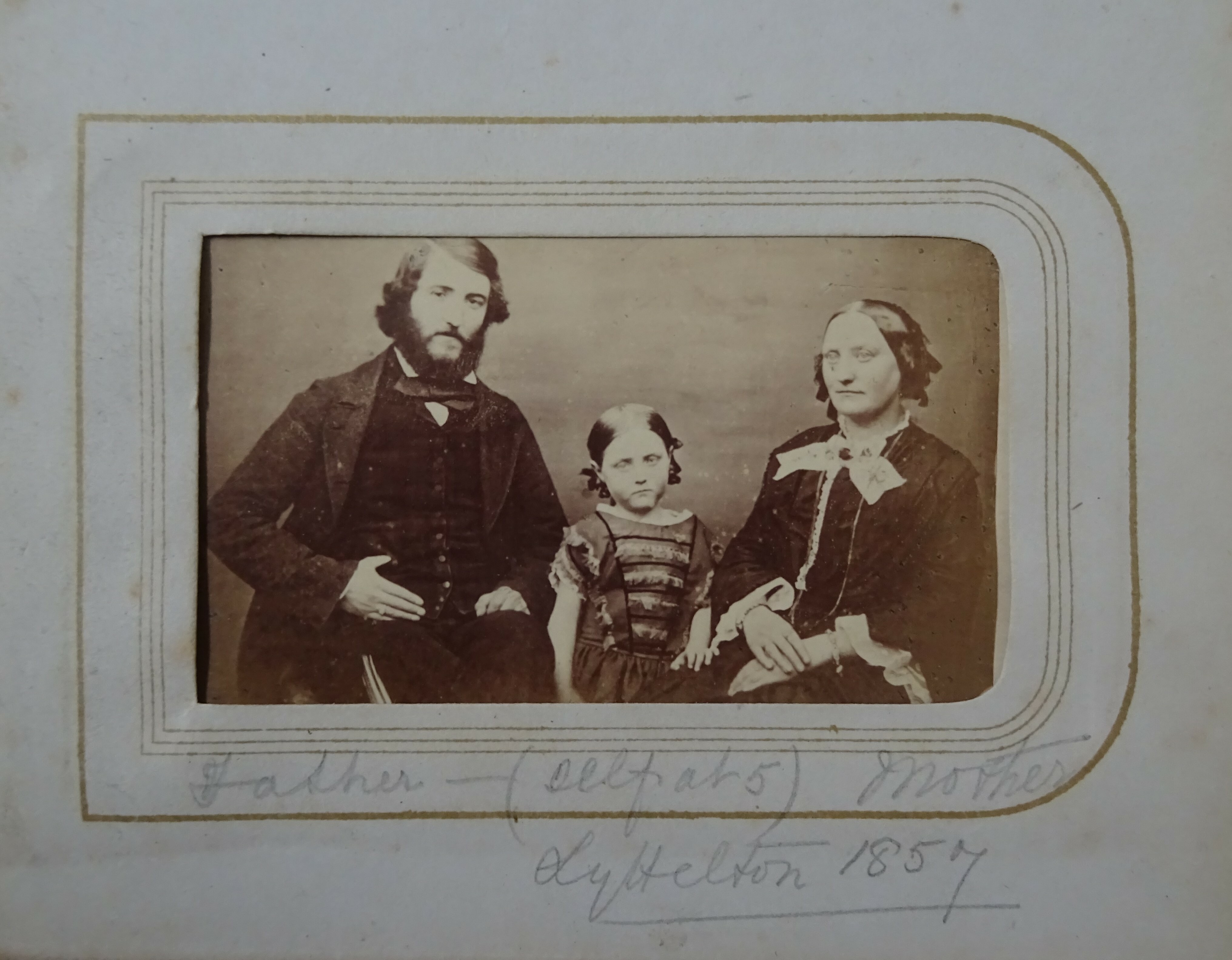 Carte de visite of Mary Annie Hargreaves and her parents. Canterbury Museum 1852.68.1. No known copyright restrictions