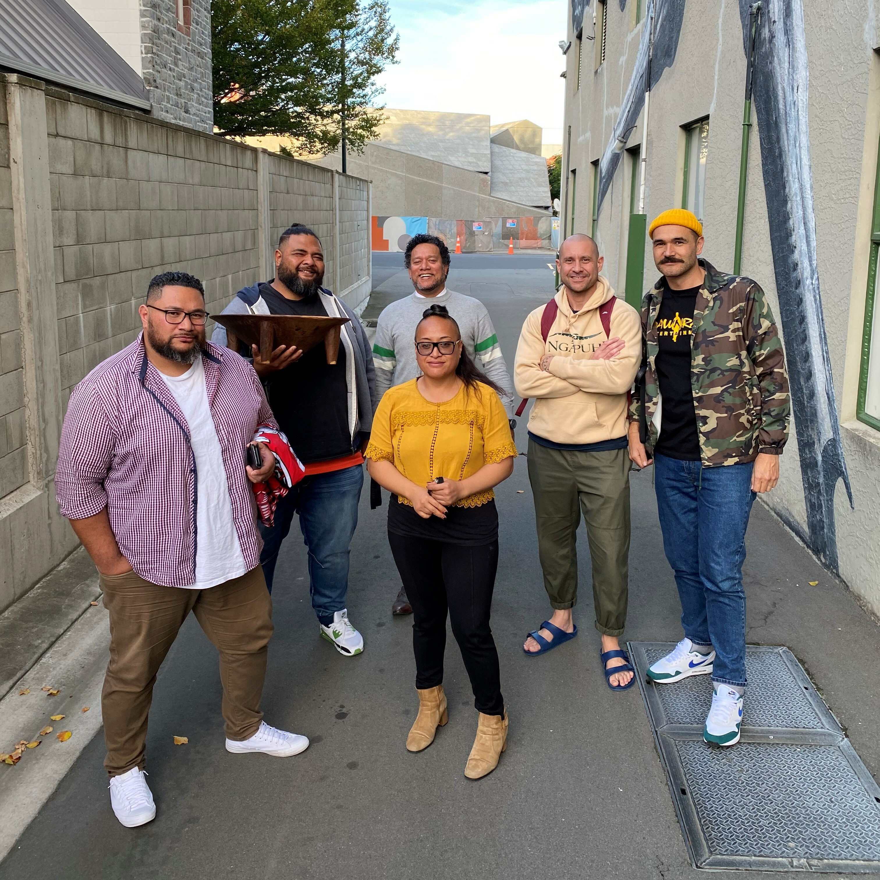 Hatesa Seumanutafa, Associate Curator Human History (centre), helped to facilitate the Motutapu II project. From left: Solomon Smith, Dietrich Soakai, Kulimoe’anga Stone Maka, Hatesa Seumanutafa, Terje Koloamatangi, Benjamin Work.