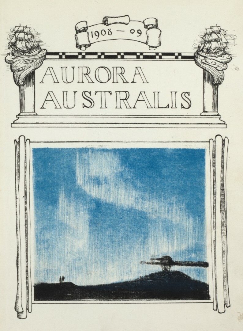 Handprinted title page of Aurora Australis depicting Mount Erebus in silhouette beneath the southern lights. Canterbury Museum 1970.328.1