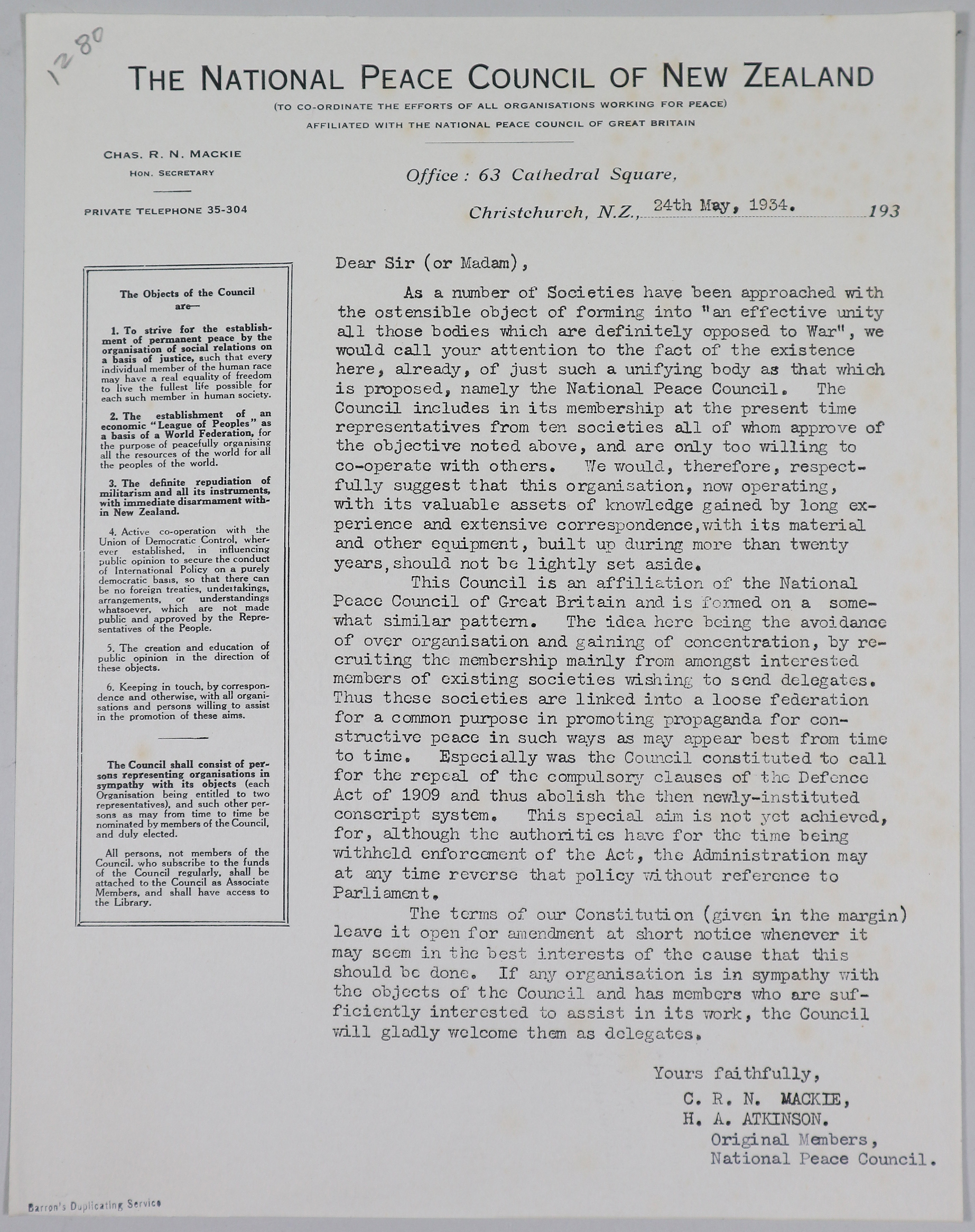 In this circular letter Charles Mackie and Harry Atkinson explain what the National Peace Council does. Mackie Papers Box 28 Folder 121 Series 1280.