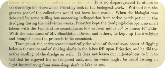An account by James Murray of Raymond Priestley’s efforts collecting biological specimens in Antarctica From: British Antarctic Expedition, 1907-9, under the command of Sir E.H. Shackleton, c.v.o., in Reports on the Scientific Investigations Volume 1, James Murray (Ed).