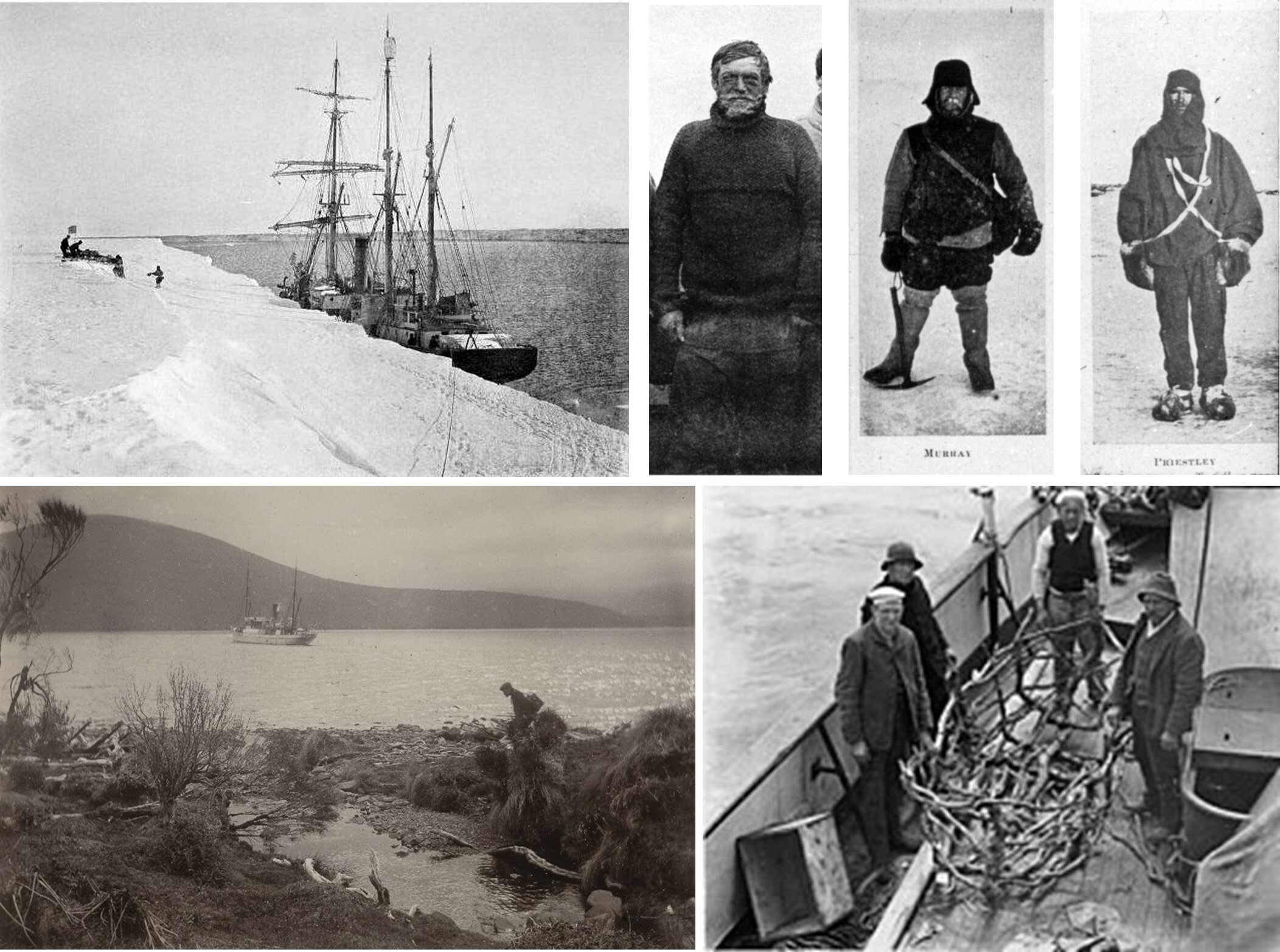 Clockwise from top left: the Nimrod on Shackleton's 1907–1909 Antarctic expedition; three members of the expedition including Ernest Shackleton (left), James Murray (middle), and Raymond Priestley (right); some crew members aboard the Hinemoa showing the frame of the boat used by the Dundonald shipwreck survivors which can be seen on display in the Museum today; the Hinemoa on the 1907 sub-Antarctic expedition anchored offshore from Motu Maha (Auckland Island). Hinemoa images: Canterbury Museum 1982.103.29, Alexander Turnbull Library PA1-q-228-09-3. All other images: Wikimedia Commons